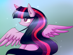 Size: 800x600 | Tagged: safe, artist:sophiakawaii, twilight sparkle, twilight sparkle (alicorn), alicorn, pony, cute, eye clipping through hair, female, mare, profile, rear view, solo, spread wings, twiabetes, wings