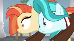 Size: 1920x1080 | Tagged: safe, screencap, lighthoof, shimmy shake, earth pony, pony, 2 4 6 greaaat, awkward, cheerleader, duo, female, interrupted, mare, out of context, shrunken pupils, stretching, wide eyes