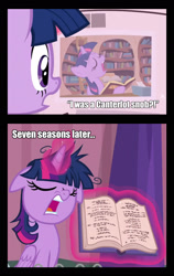 Size: 1052x1662 | Tagged: safe, edit, edited screencap, screencap, twilight sparkle, twilight sparkle (alicorn), alicorn, pony, a trivial pursuit, ponyville confidential, book, comparison, cropped, floppy ears, golden oaks library, library, messy mane, newspaper, rules lawyer, text, wings