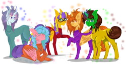 Size: 3924x2141 | Tagged: safe, artist:grimmjawls, oc, oc:aspen, oc:bella pinksavage, oc:fluffybriefs, oc:ryan, oc:sunrise glisten, alicorn, pony, alicorn oc, bodysuit, brother and sister, catsuit, eyes closed, family, female, group, jewelry, latex, latex suit, magic, male, necklace, peace, peace suit, peace symbol, pegasus oc, rubber suit, siblings, smiling, the peace family, transgender, unicorn oc