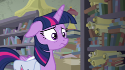 Size: 1280x720 | Tagged: safe, screencap, twilight sparkle, twilight sparkle (alicorn), alicorn, pony, the point of no return, book, bookshelf, floppy ears, saddle bag, scroll, solo, sweat