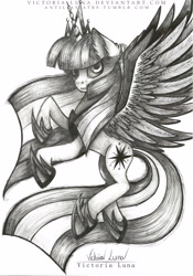 Size: 2444x3501 | Tagged: safe, artist:victoria-luna, twilight sparkle, twilight sparkle (alicorn), alicorn, pony, the beginning of the end, female, hoof shoes, mare, monochrome, signature, simple background, solo, traditional art, white background