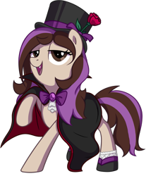 Size: 1437x1737 | Tagged: safe, artist:thebowtieone, oc, oc:bowtie, earth pony, pony, undead, vampire, vampony, cloak, clothes, costume, female, flower, halloween, halloween costume, hat, mare, raised hoof, rose, simple background, solo, top hat, transparent background