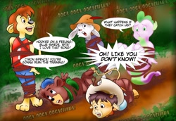 Size: 1280x881 | Tagged: safe, artist:esteban, spike, dragon, cody calf, commission, conversation, crawling, crossover, dirt path, escape, forest, hopping, kit cloudkicker, lionheart, moo mesa, musical reference, robin hood, sidekick, skippy, speech, speech bubble, spencer, talespin, tied up, tiptoe, training