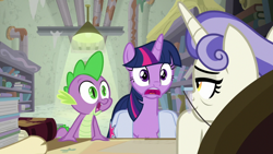 Size: 1920x1080 | Tagged: safe, screencap, first folio, spike, twilight sparkle, twilight sparkle (alicorn), alicorn, dragon, the point of no return, book, bookshelf, saddle bag, scroll, winged spike