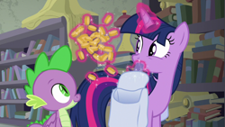 Size: 1280x720 | Tagged: safe, screencap, spike, twilight sparkle, twilight sparkle (alicorn), alicorn, dragon, the point of no return, bits, book, bookshelf, money, saddle bag, scroll, winged spike