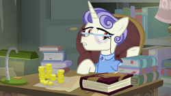 Size: 1920x1080 | Tagged: safe, screencap, first folio, pony, the point of no return, bits, book, bookshelf, lamp, money, solo