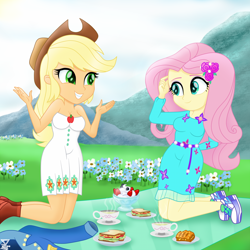 Size: 2600x2600 | Tagged: safe, artist:theretroart88, applejack, fluttershy, better together, equestria girls, clothes, coffee, cute, dress, food, ice cream, jackabetes, picnic, shoes, shyabetes, sitting, snacks, sneakers