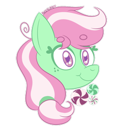 Size: 800x800 | Tagged: safe, artist:buzzblades, minty, earth pony, pony, beanbrows, bust, colored pupils, cute, cutie mark, eyebrows, female, head only, mare, portrait, simple background, smiling, solo, transparent background