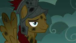 Size: 1280x720 | Tagged: safe, screencap, flash magnus, pegasus, pony, campfire tales, helmet, male, smiling, smirk, solo, stallion, wings