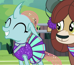 Size: 1203x1060 | Tagged: safe, screencap, ocellus, yona, changedling, changeling, yak, 2 4 6 greaaat, cheerleader, cheerleader ocellus, cheerleader outfit, cheerleader yona, clothes, cropped, cute, diaocelles, eyes closed, female, happy, proud, smiling