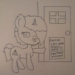 Size: 1709x1709 | Tagged: safe, artist:lightning135, oc, oc:lightwave, pony, unicorn, door, female, filly, pointing, raised hoof, sign, solo, tongue out, traditional art