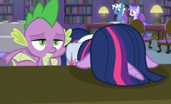 Size: 1092x665 | Tagged: safe, screencap, pokey pierce, sea swirl, seafoam, spike, twilight sparkle, twilight sparkle (alicorn), alicorn, dragon, pony, the point of no return, annoyed, bookshelf, chair, duo focus, facedesk, female, floppy ears, frustrated, headdesk, lamp, library, male, mare, saddle bag, stallion, tired, winged spike