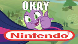 Size: 640x361 | Tagged: safe, edit, edited screencap, editor:undeadponysoldier, screencap, spike, twilight sparkle, twilight sparkle (alicorn), alicorn, dragon, pony, the cutie re-mark, apple tree, caption, donkey kong, donkey kong 64, female, happy, image macro, logo, lol, male, mare, meme, nintendo, nintendo logo, okay, reference, text, thumbs up, tree, video game