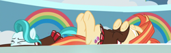 Size: 1280x400 | Tagged: safe, screencap, lighthoof, shimmy shake, earth pony, pony, 2 4 6 greaaat, clothes, cropped, cutie mark, female, mare, on back, on stomach, pleated skirt, school of friendship, skirt, technically an upskirt shot, upskirt