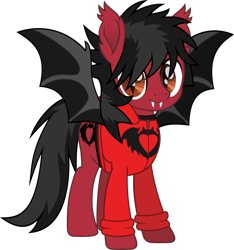 Size: 1230x1316 | Tagged: safe, artist:lightningbolt, derpibooru exclusive, bat pony, pony, .svg available, bat wings, clandestine industries, clothes, ear fluff, fall out boy, fangs, hair over one eye, hoodie, looking at you, male, messy mane, messy tail, movie accurate, pete wentz, ponified, shirt, simple background, slit eyes, solo, spread wings, stallion, svg, transparent background, undershirt, vector, wings