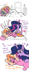 Size: 827x2033 | Tagged: safe, artist:jargon scott, luster dawn, princess twilight 2.0, twilight sparkle, twilight sparkle (alicorn), alicorn, pony, unicorn, the last problem, bed, comic, duo, female, make some friends, mare, plushie, saturday, singing