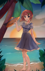 Size: 2615x4100 | Tagged: safe, artist:buru-misu, oc, oc only, oc:watermelon success, human, beach, clothes, dress, hat, humanized, ocean, palm tree, solo, straw hat, sun, tree