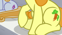 Size: 1920x1080 | Tagged: safe, screencap, carrot top, golden harvest, summer meadow, earth pony, pony, unicorn, 2 4 6 greaaat, close-up, cutie mark, female, friendship student, mare, raised hoof, sitting