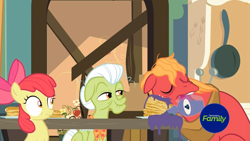 Size: 1259x708 | Tagged: safe, screencap, apple bloom, big macintosh, granny smith, earth pony, pony, going to seed, blueberry syrup, breakfast, discovery family logo, eyes closed, female, filly, foal, food, male, mare, pancakes, sleeping, sleepy, spill, stallion, syrup, trio