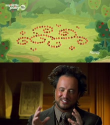 Size: 1664x1880 | Tagged: safe, edit, edited screencap, screencap, going to seed, ancient aliens, apple, apple tree, arabesque pattern, discovery family logo, food, giorgio a. tsoukalos, meme, no pony, tree