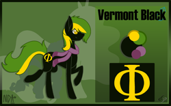 Size: 2178x1351 | Tagged: safe, artist:nda art, oc, oc:vermont black, earth pony, pony, clothes, cutie mark, male, name, phi, raised hoof, reference sheet, scarf, silhouette, size comparison, solo, stallion