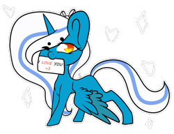 Size: 1300x1000 | Tagged: safe, artist:issime-boi, oc, oc:fleurbelle, alicorn, pony, alicorn oc, bow, female, golden eyes, hair bow, heart, mare, mouth hold, sign