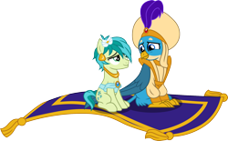 Size: 1800x1114 | Tagged: safe, artist:cloudyglow, gallus, sandbar, earth pony, griffon, pony, aladdin, clothes, cosplay, costume, crossdressing, crossover, cute, disney princess, flower, flower in hair, flying carpet, gallabetes, gallbar, gay, male, princess jasmine, sandabetes, shipping, show accurate, turban