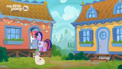 Size: 1920x1080 | Tagged: safe, screencap, rainbow stars, spike, twilight sparkle, twilight sparkle (alicorn), alicorn, dragon, pony, the point of no return, discovery family logo, female, house, mailbag, mare, saddle bag