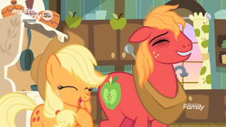 Size: 1259x708 | Tagged: safe, derpibooru import, screencap, applejack, big macintosh, earth pony, pony, going to seed, all new, black eye, brother and sister, discovery family logo, duo, eyes closed, female, kitchen, laughing, male, mare, siblings, stallion, text