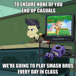 Size: 689x689 | Tagged: safe, edit, edited screencap, screencap, cranky doodle donkey, better together, equestria girls, happily ever after party, caption, chalkboard, classroom, clothes, desk, exploitable meme, gamecube, image macro, male, meme, super smash bros., television, text