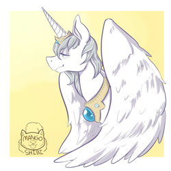 Size: 1000x1000 | Tagged: safe, artist:mangoshibi, oc, oc only, alicorn, pony, alicorn oc, crown, female, jewelry, large wings, lidded eyes, mare, peytral, regalia, smiling, solo, spread wings, wings