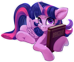 Size: 2500x2111 | Tagged: safe, artist:taneysha, twilight sparkle, twilight sparkle (alicorn), alicorn, pony, book, dracula, female, looking at you, lying down, mare, simple background, smiling, solo, that pony sure does love books, transparent background, underhoof