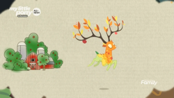 Size: 1259x708 | Tagged: safe, screencap, the great seedling, deer, going to seed, all new, apple tree, branches for antlers, discovery family logo, dryad, farm, leaping, solo, text, tree