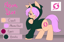 Size: 1280x853 | Tagged: safe, artist:notenoughapples, oc, oc only, oc:neon star, pony, unicorn, clothes, hoodie, reference sheet, smiling, smirk, solo