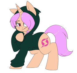 Size: 1280x1224 | Tagged: safe, artist:notenoughapples, oc, oc only, oc:neon star, pony, unicorn, clothes, hoodie, smiling, smirk, solo