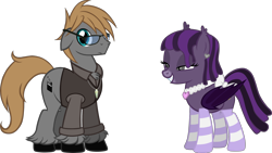 Size: 2000x1125 | Tagged: safe, artist:theeditormlp, oc, oc only, oc:prophetic prose, oc:the editor, bat pony, earth pony, pony, clothes, female, glasses, male, mare, shirt, simple background, socks, stallion, striped socks, transparent background, vest