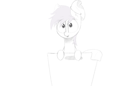 Size: 2388x1668 | Tagged: safe, artist:flotsam, oc, oc only, pony, cute, female, laundry basket, lineart, looking at you, mare, monochrome, pony in a basket, simple background, sock, solo, white background