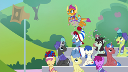 Size: 1920x1080 | Tagged: safe, screencap, berry punch, berryshine, cherry cream, dark moon, final countdown, goldengrape, graphite, pokey pierce, sir colton vines iii, smolder, sprout greenhoof, dragon, earth pony, pegasus, pony, unicorn, 2 4 6 greaaat, animation error, background pony, background pony audience, baseball cap, bleachers, cap, confetti, dragoness, female, flying, hat, las pegasus resident, male, mare, rain dance (character), sitting, smiling, speaker, stallion, team spirit, unnamed pony