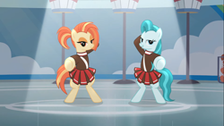 Size: 1360x765 | Tagged: safe, screencap, lighthoof, shimmy shake, earth pony, pony, 2 4 6 greaaat, bedroom eyes, bipedal, cheerleader, cheerleader outfit, clothes, female, grin, lidded eyes, looking at you, mare, pleated skirt, pointing, pointing at you, ponytail, skirt, smiling