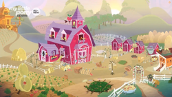 Size: 1259x708 | Tagged: safe, screencap, going to seed, all new, apple, apple tree, chicken coop, discovery family logo, farm, food, garden, male, no pony, pit trap, sweet apple acres, sweet apple acres barn, text, trap (device), tree
