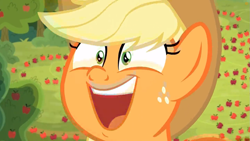 Size: 1259x708 | Tagged: safe, derpibooru import, screencap, applejack, earth pony, pony, going to seed, apple, apple tree, cute, exploitable meme, food, jackabetes, open mouth, solo, sweet apple acres, tree