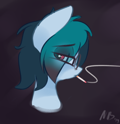 Size: 1168x1210 | Tagged: safe, artist:nevobaster, oc, oc:delta vee, pegasus, pony, abstract background, black background, bust, depressed, eye clipping through hair, female, head only, mare, portrait, simple background, smoking, solo