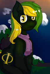 Size: 374x552 | Tagged: safe, artist:mootsarts, oc, oc:vermont black, earth pony, pony, clothes, cloud, gradient background, looking at you, male, mountain, phi, scarf, sittin, snow, solo, stallion