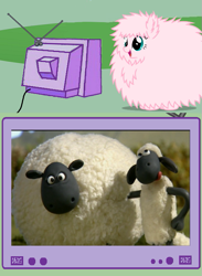 Size: 563x771 | Tagged: safe, oc, oc only, oc:fluffle puff, pony, sheep, exploitable meme, meme, obligatory pony, shaun the sheep, shirley (shaun the sheep), tv meme