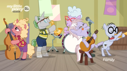 Size: 1920x1080 | Tagged: safe, screencap, chelsea porcelain, dusty pages, mr. waddle, earth pony, pony, unicorn, the point of no return, background pony, bipedal, bowtie, clothes, discovery family logo, double bass, drum kit, drums, elderly, female, glasses, guitar, hawaiian shirt, hoof hold, male, mare, music, musical instrument, saxophone, shirt, shoes, shorts, silver stable community, sitting, socks, stallion, tennis shoe, tongue out, trumpet, unnamed pony