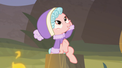 Size: 1280x720 | Tagged: safe, screencap, cozy glow, pegasus, pony, frenemies (episode), animation error, female, filly, fire, freeze frame bonus, not what it looks like, sitting, solo