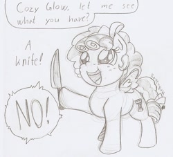 Size: 1044x949 | Tagged: safe, artist:ravenpuff, cozy glow, pegasus, pony, cozybetes, cute, doodle, female, filly, freckles, hoof hold, knife, offscreen character, ponified meme, pure concentrated unfiltered evil of the utmost potency, simple background, sketch, solo, speech bubble, this will not end well, traditional art