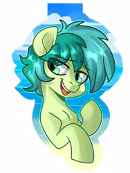 Size: 3000x4000 | Tagged: safe, artist:annakitsun3, sandbar, earth pony, pony, badge, bust, eye clipping through hair, lidded eyes, male, ocean, open mouth, portrait, raised hoof, smiling, solo, teenager