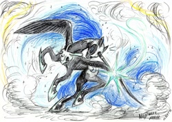 Size: 1024x730 | Tagged: safe, artist:annitart, nightmare moon, pony, dynamic pose, glowing horn, horn, scowl, solo, traditional art